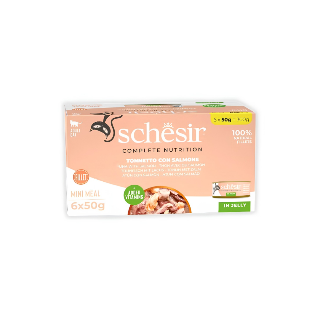 Wet food website Schesir Complete Cat Food in Jelly Tuna with Salmon (6×50g) - Image 1